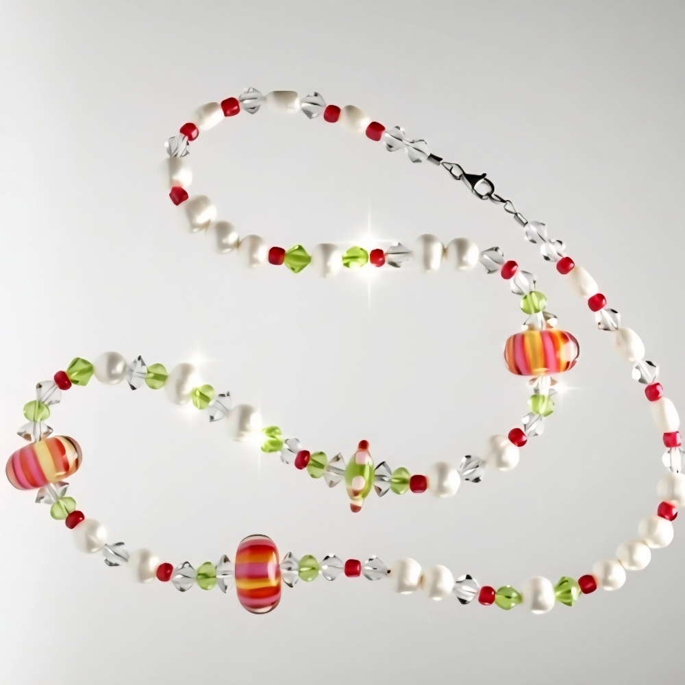 Beautiful Handmade Pearl Necklace Colorful Murano Glass Beads Crystal Accents